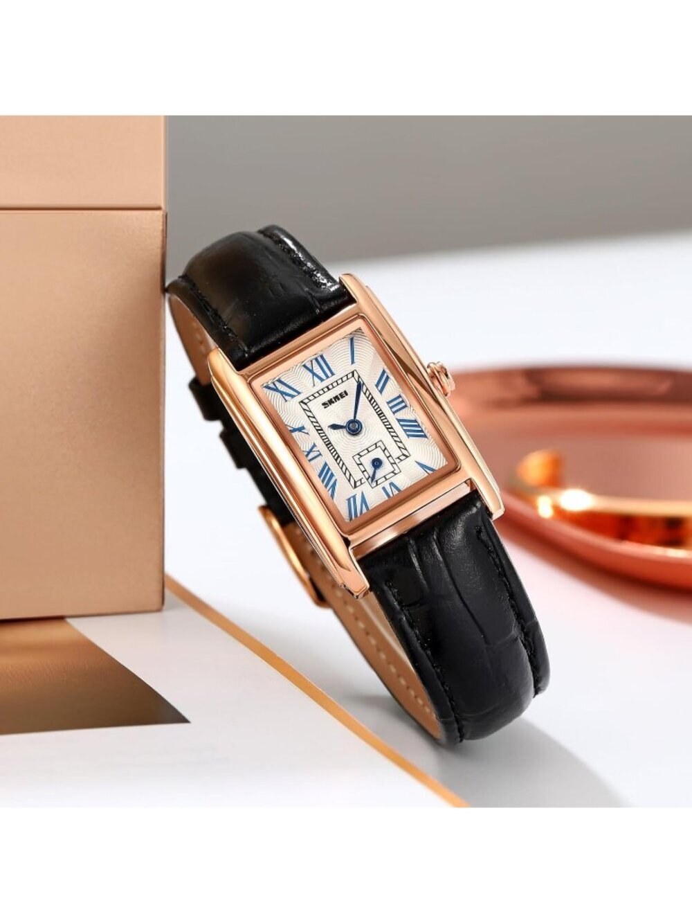 Women's Black Rose Gold Analog Ultra-Thin Rectangle Vintage Square Wrist Watch - Picture 3 of 6